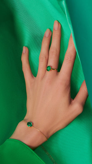 Gold vermeil slider bracelet and gold vermeil ring with lab-grown emerald stones