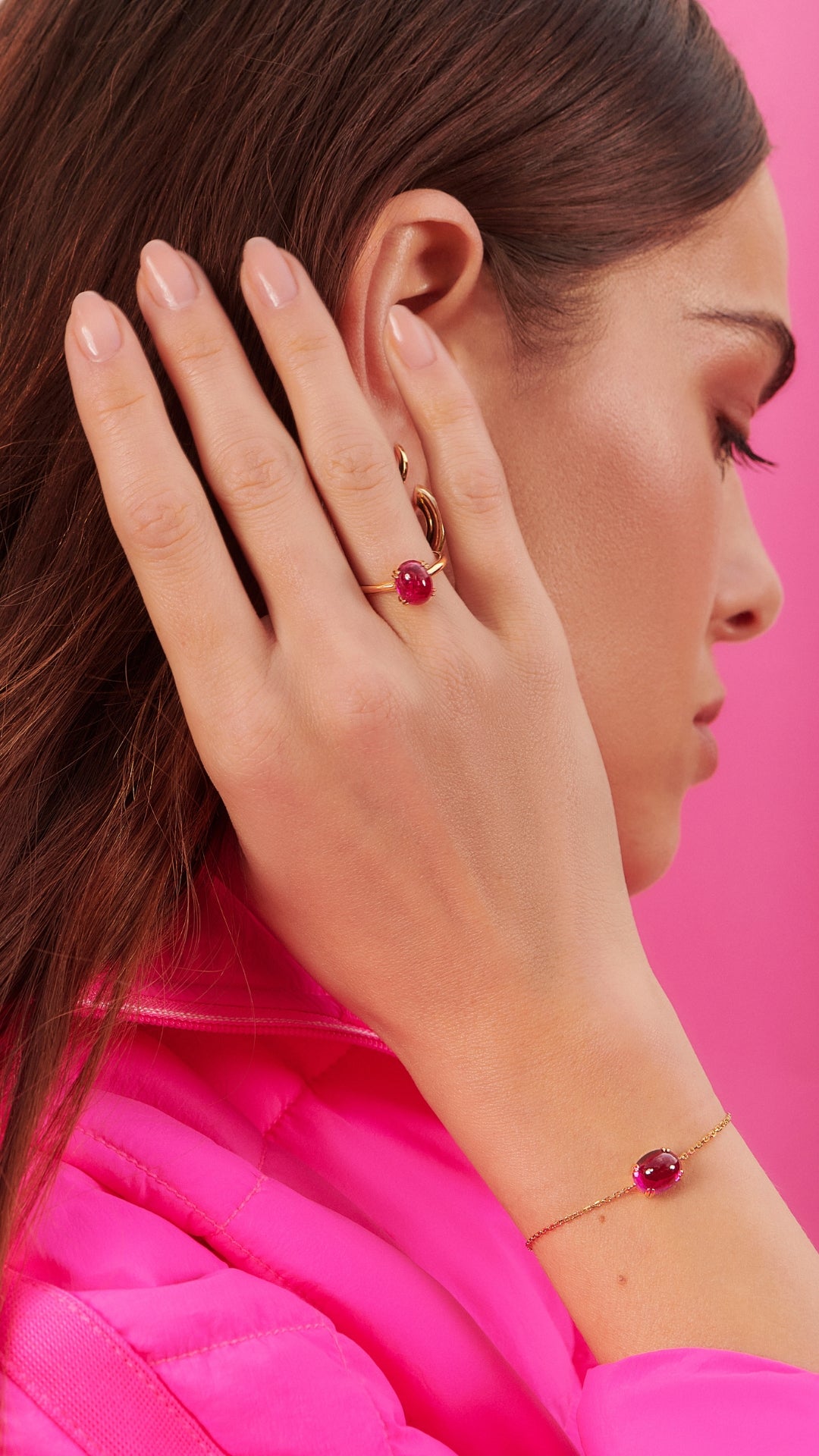 Recycled dark pink cabochon stone on a gold vermeil station ring and slider bracelet for women from the sugardrop collection
